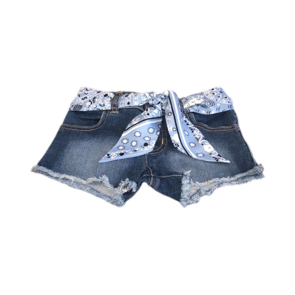 Toddler Denim Shorts W/ Bandana Print Scarf Belt